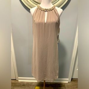 SL Fashions Dress Women’s 8 Dk Mortar Silky Sheer Sleeveless Beaded Neckline